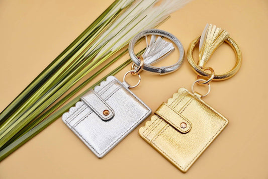 Leather Keychain Wallet With Wristlet Bangle Bracelet: Gold