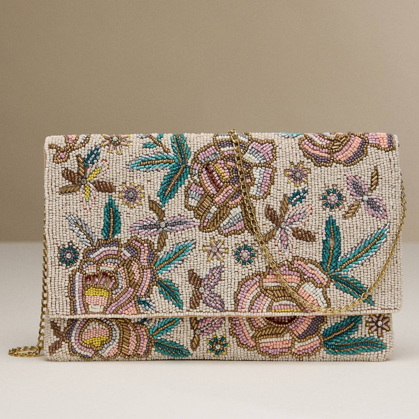 Beaded Floral Clutch with Chain Strap: NA / One / BA144