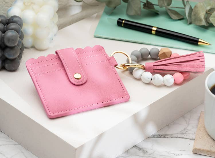 Leather Keychain Wallet With Wristlet Bangle Bracelet: Pink