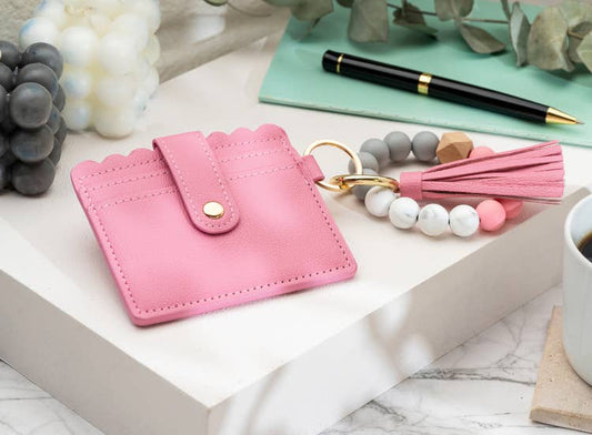 Leather Keychain Wallet With Wristlet Bangle Bracelet: Pink