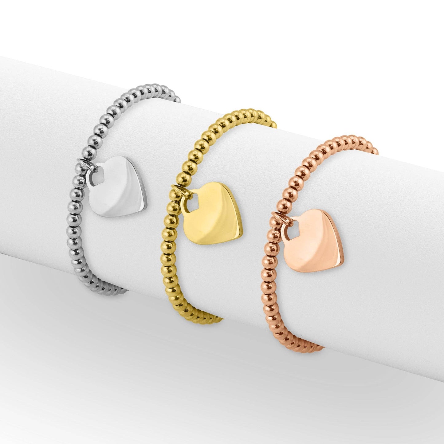 18K PVD Coated Stainless Steel Heart And Bead Stretch Bracelet: Gold