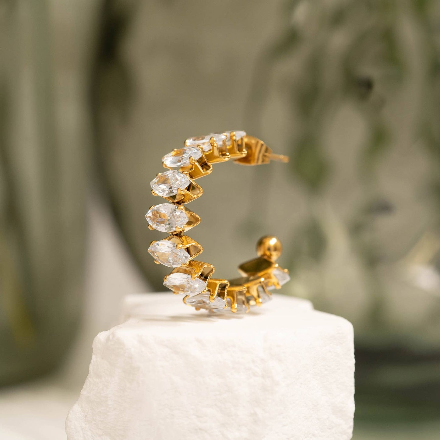 18K Gold PVD Stainless Steel Marquis CZ Stone Hoop Earrings: Stainless
