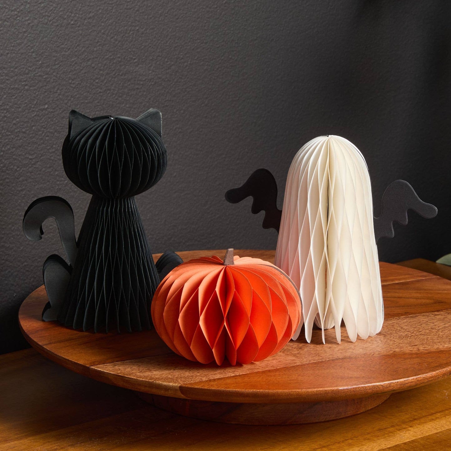 Honeycomb Pumpkin Autumn Shelf Sitter, Halloween Table, Cat: Set 3 pumpkins