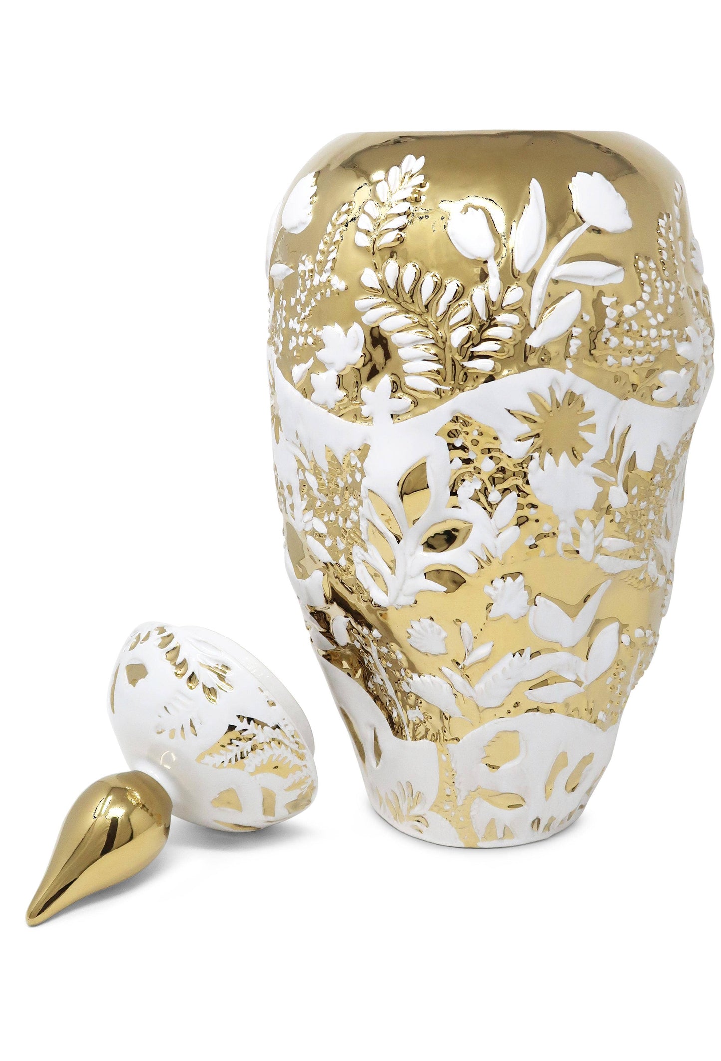 Ornate White and Gold Ginger Jar: Large
