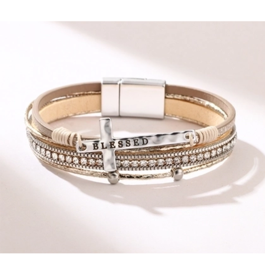 Layered Cross "Blessed" Bracelet- faith based jewelry