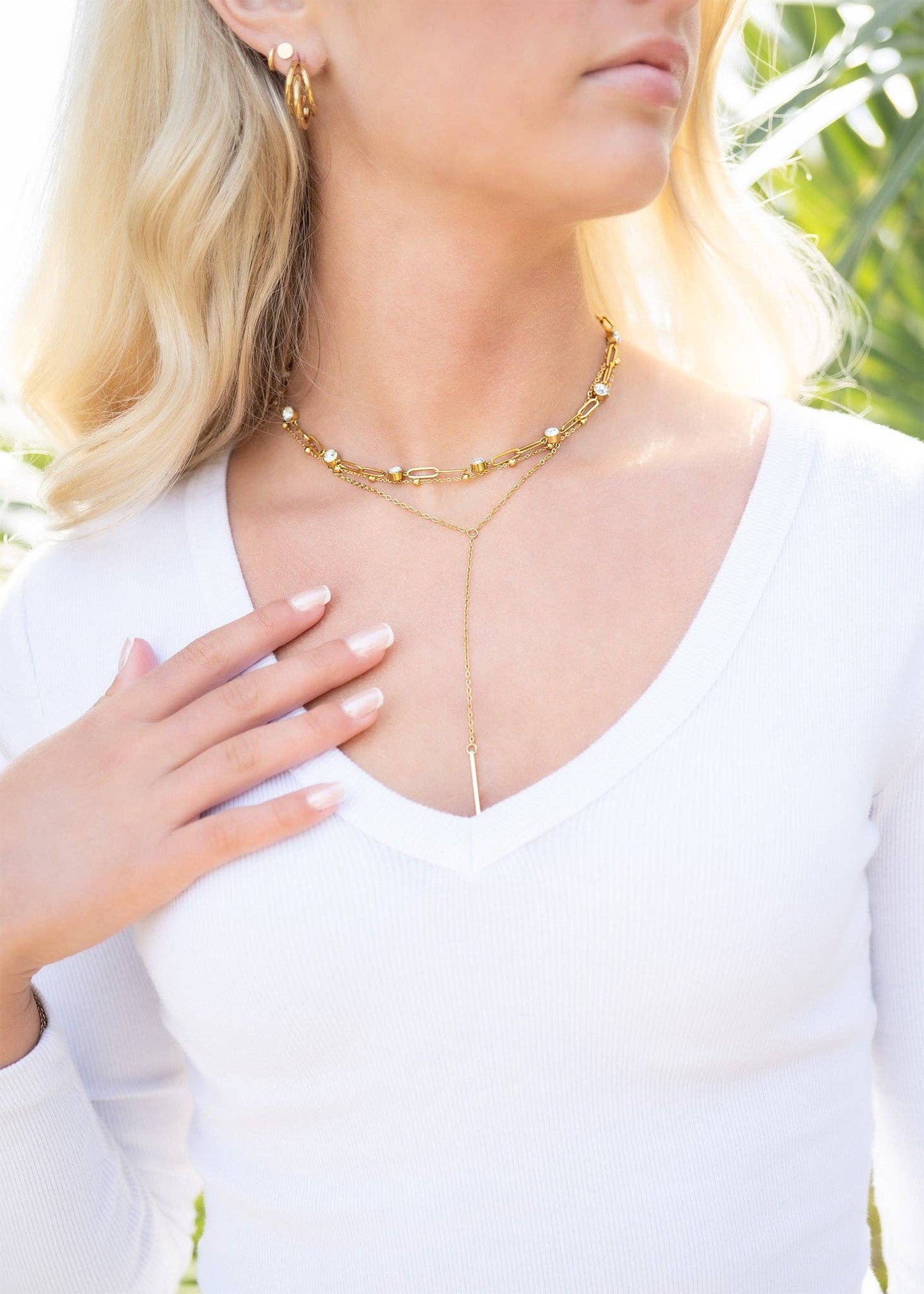 18K Gold PVD Steel Station Stone Paperclip Chain Necklace: Stainless / 14+02" / 4mm