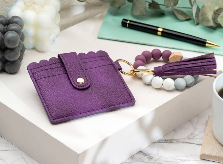 Leather Keychain Wallet With Wristlet Bangle Bracelet: Pink