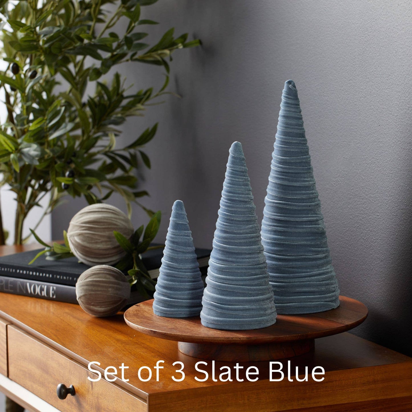 Cones Velvet Set of 3 Holiday Tabletop, Mantel Tree Decor: Light Ivory