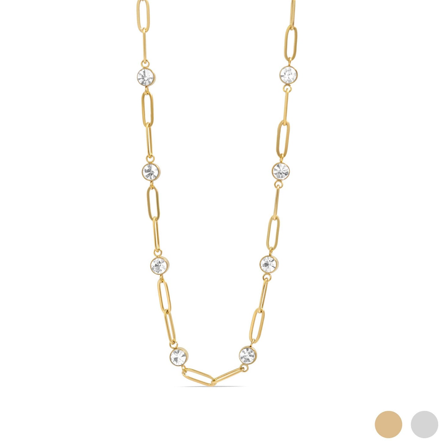 18K Gold PVD Steel Station Stone Paperclip Chain Necklace: Stainless / 14+02" / 4mm