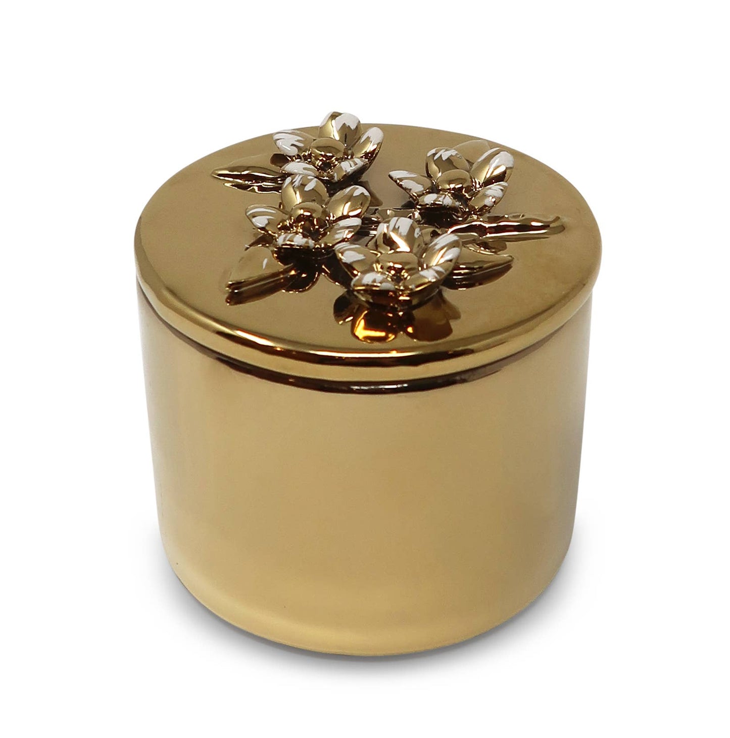 Round Gold Decorative Box With Flower Design Lid: Center Flower