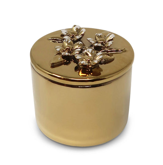Round Gold Decorative Box With Flower Design Lid: Center Flower