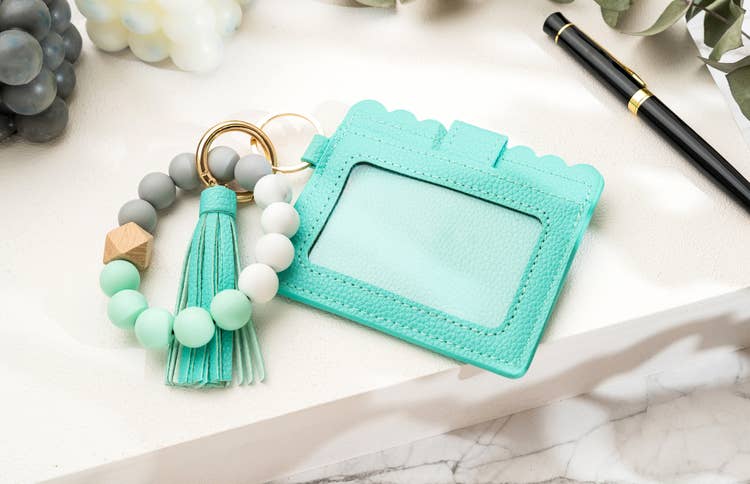 Leather Keychain Wallet With Wristlet Bangle Bracelet: Pink