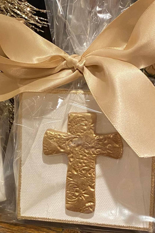 Gold Gilded Cross Canvas Art: Package in Cello Bag with Ribbon