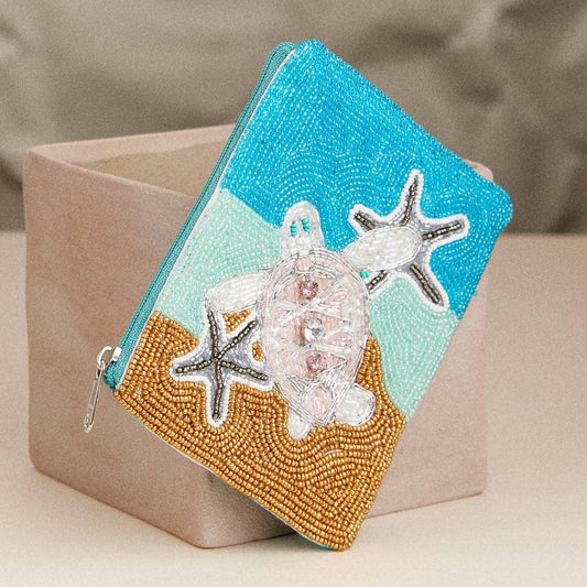 Beaded Sea Turtle Coin Purse – Ocean Beach-Themed Zip Pouch with Starfish & Sand Design for Travel & Everyday Use: White / One / B4KP401
