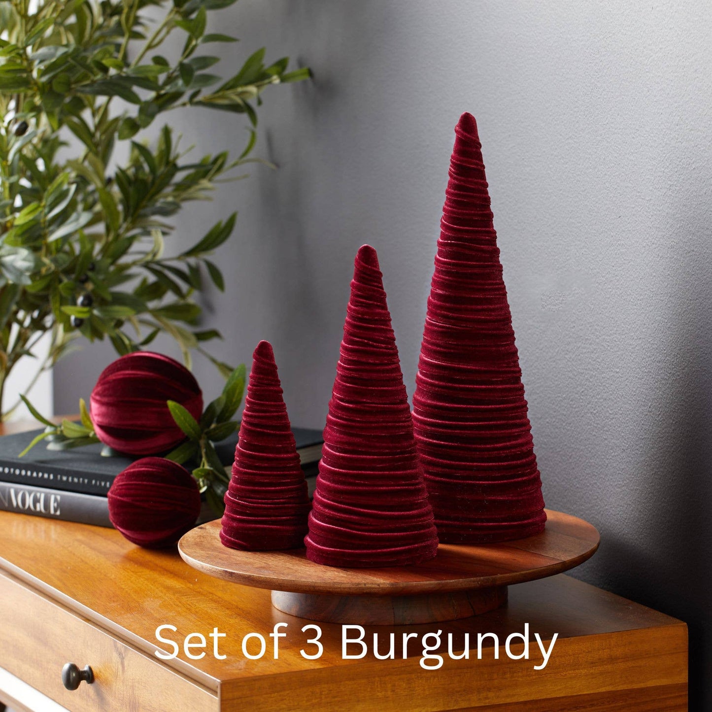 Cones Velvet Set of 3 Holiday Tabletop, Mantel Tree Decor: Olive