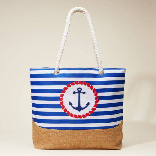 Coastal Chic Nautical Anchor & Stripe Beach Tote: Blue / One / 5DG78011
