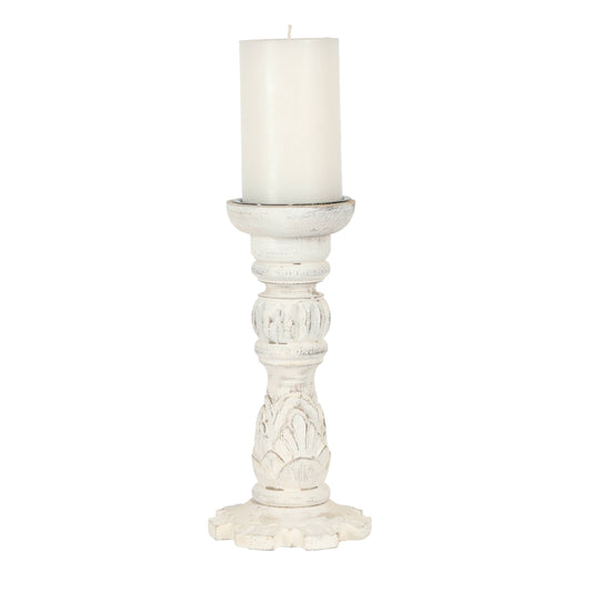 10.25"Carved Wooden Whitewash Candle Stand