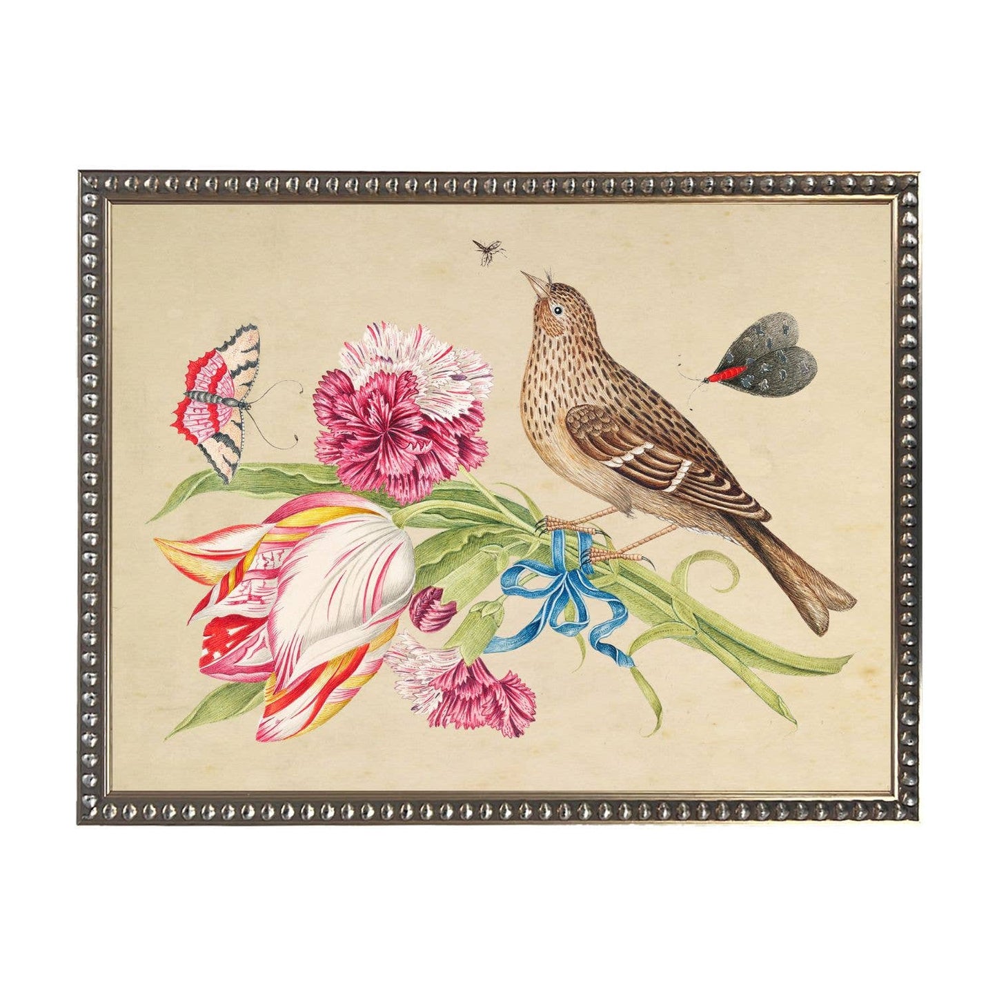 Bookplate B with birds on a distressed background: Beaded gold frame 1315-70 / 10" X 8"