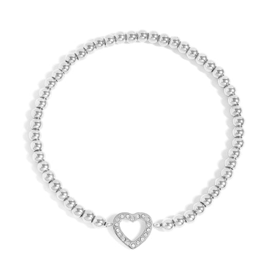 18K Gold PVD Stainless Steel Stone Heart Metal Beaded Stretch Bracelet: Stainless
