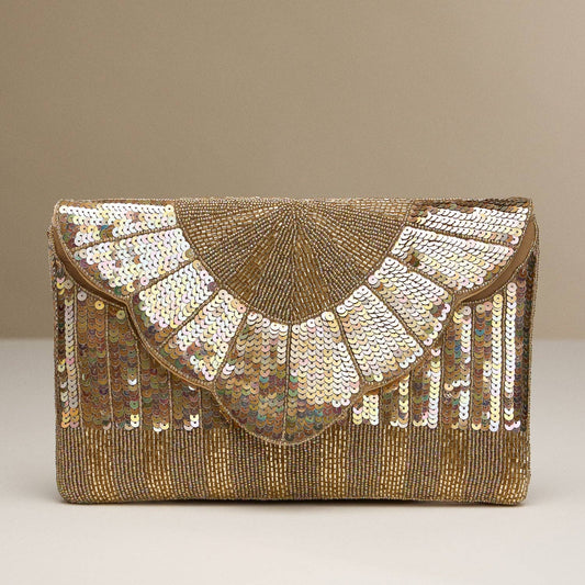 Gold Sequin Beaded Clutch – Glamorous Evening Bag with Fringe & Chain Strap: Gold / One / BA138