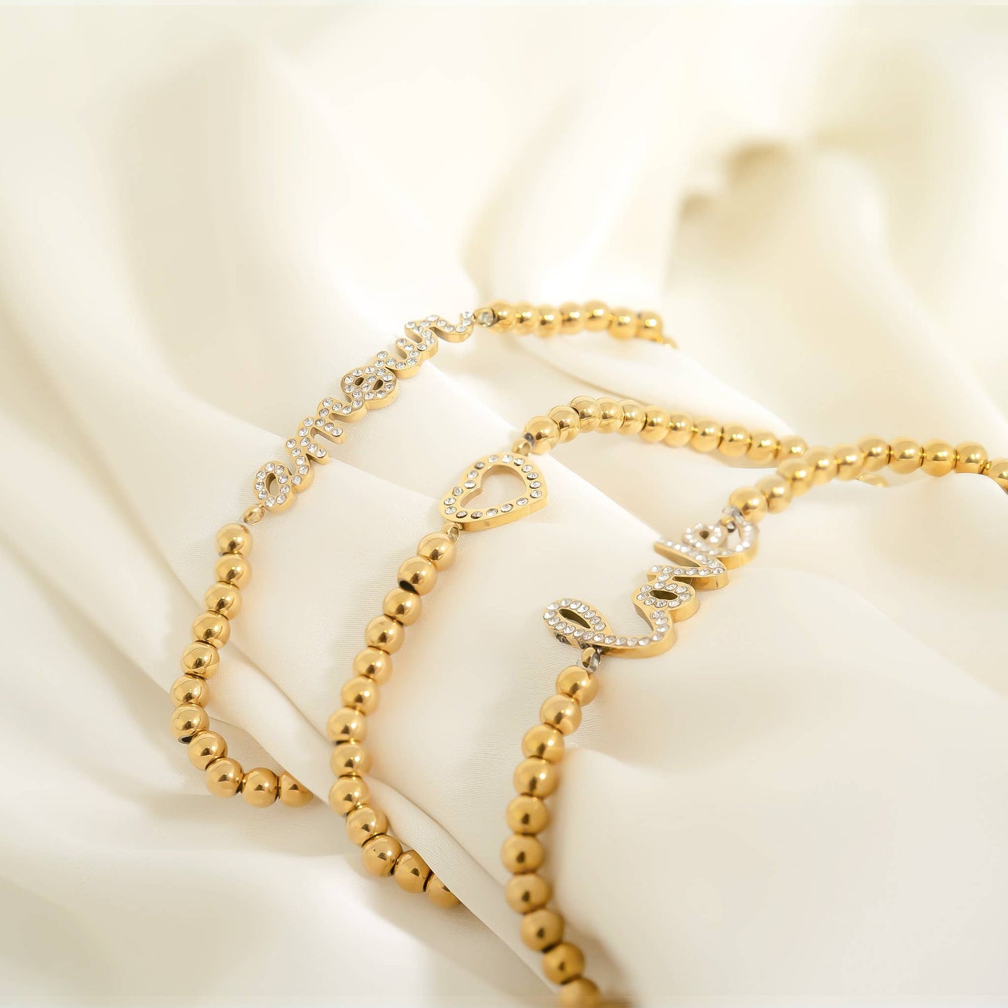 18K Gold PVD Stainless Steel Stone Heart Metal Beaded Stretch Bracelet: Stainless