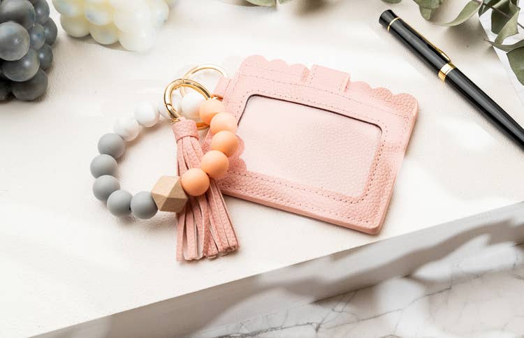 Leather Keychain Wallet With Wristlet Bangle Bracelet: Pink