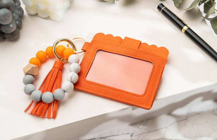 Leather Keychain Wallet With Wristlet Bangle Bracelet: Pink
