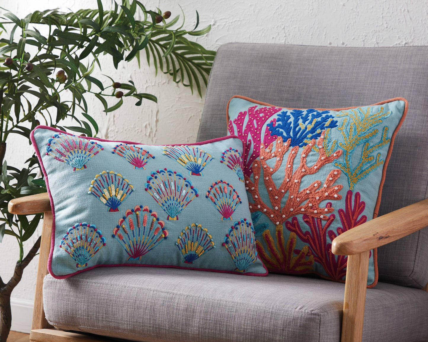 Tropical Shell Embroidered Pillow