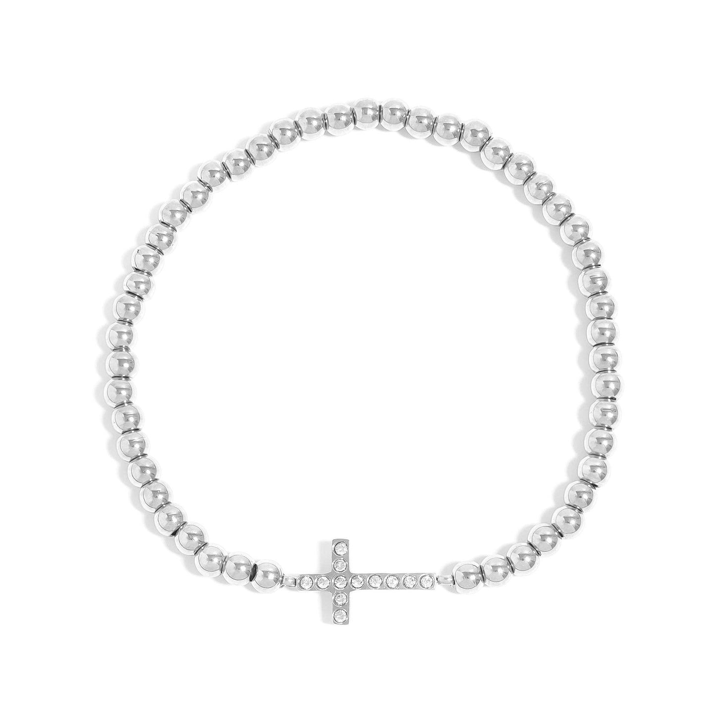 18K Gold PVD CZ Cross Beaded Stretch Bracelet: Gold