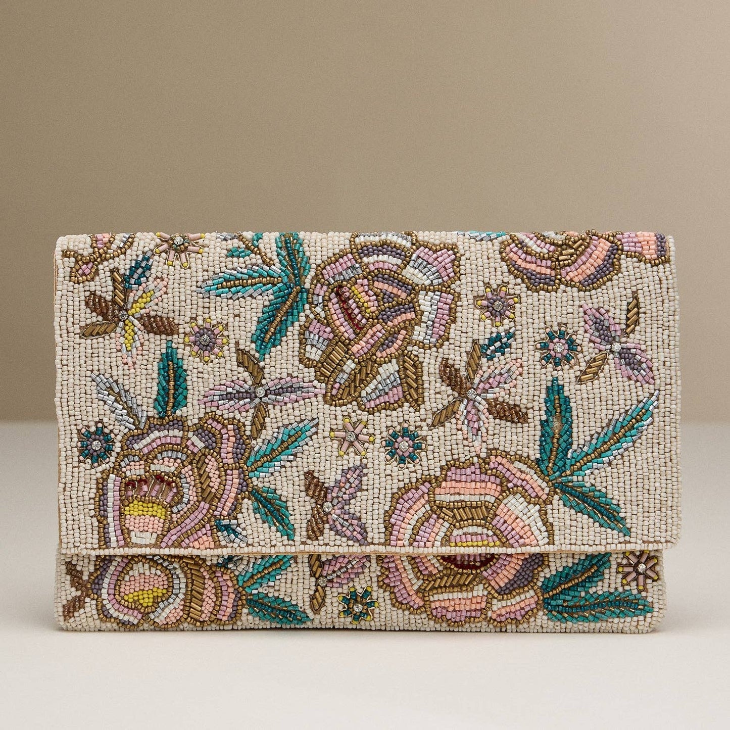Beaded Floral Clutch with Chain Strap: NA / One / BA144