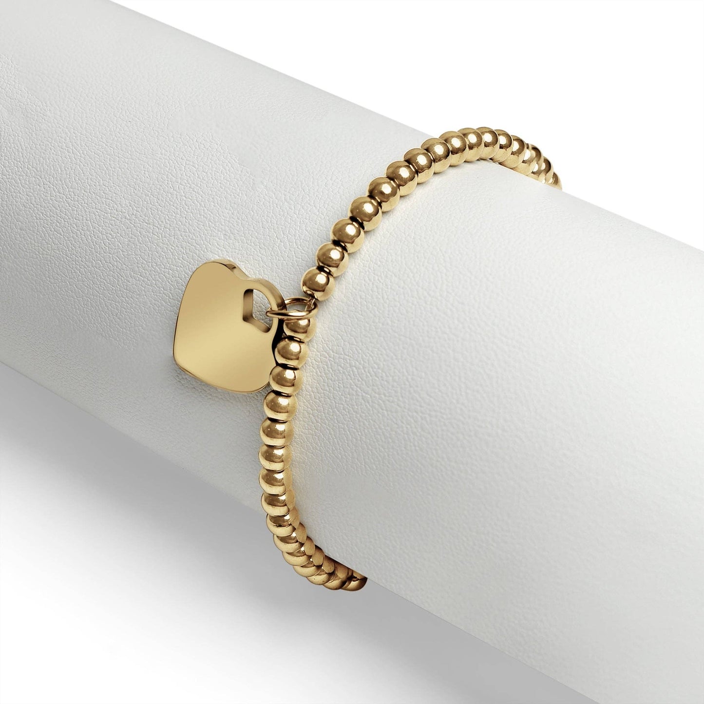 18K PVD Coated Stainless Steel Heart And Bead Stretch Bracelet: Stainless Steel