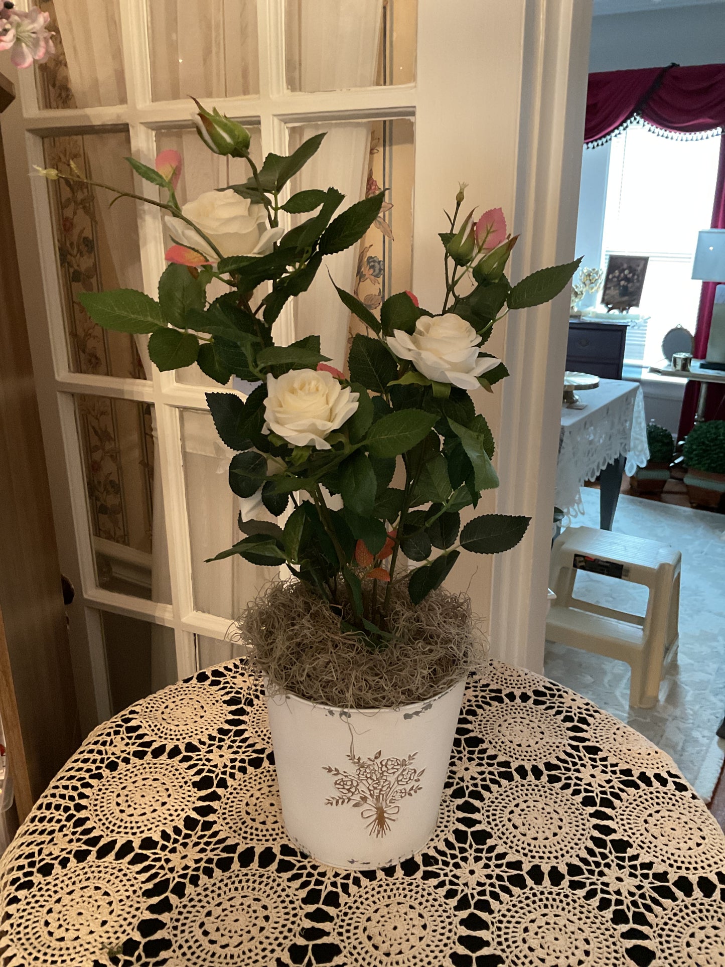 Roses in Vintage White Pot