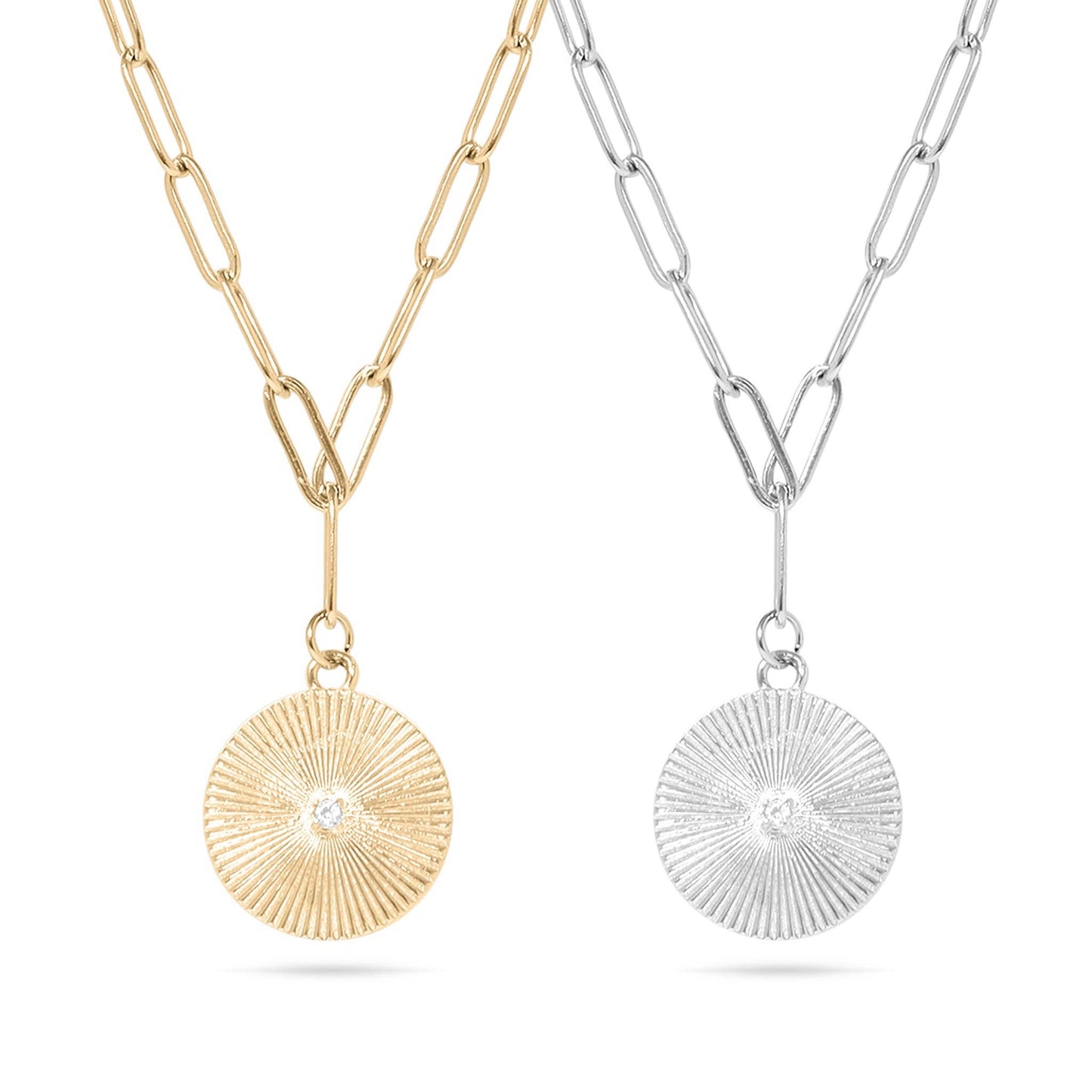 18K Gold PVD Stainless Steel Sunburst Medallion CZ Paperclip Necklace / CHN9967: Gold