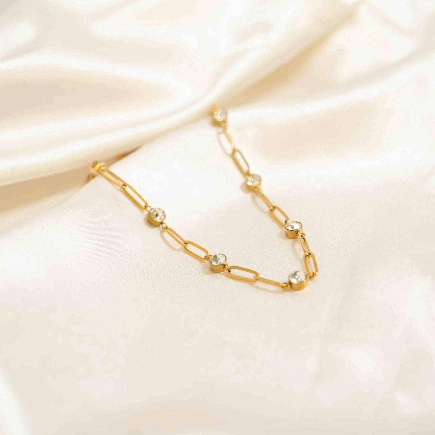 18K Gold PVD Steel Station Stone Paperclip Chain Necklace: Stainless / 14+02" / 4mm