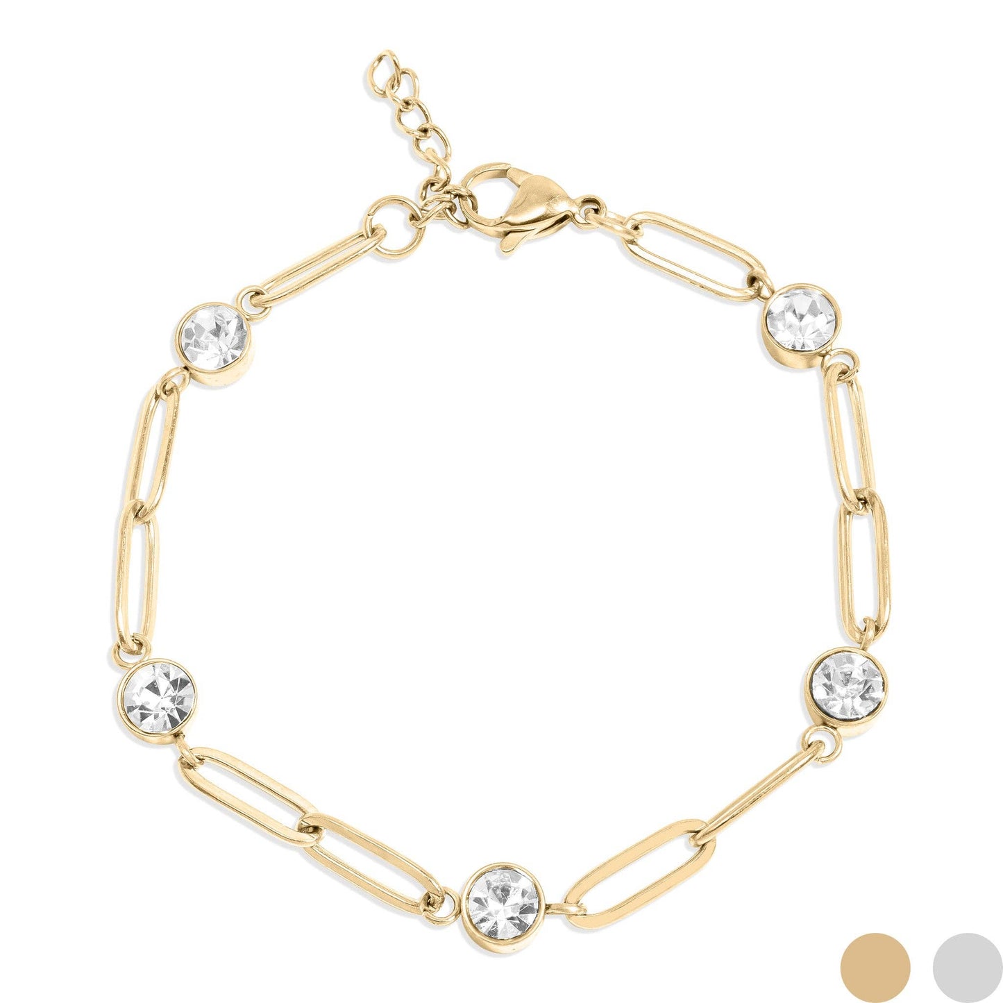 18K Gold PVD Station Stone Stone Paperclip Chain Bracelet: Gold