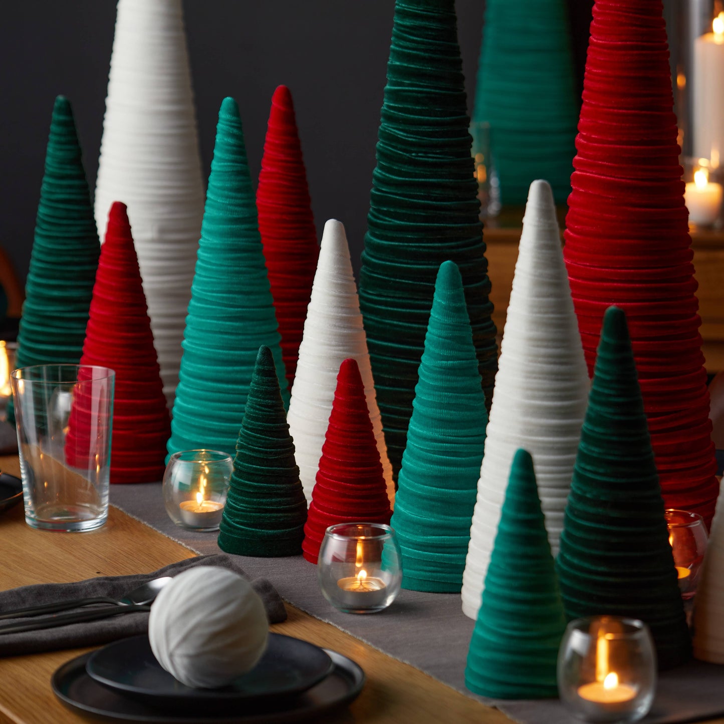 Cones Velvet Set of 3 Holiday Tabletop, Mantel Tree Decor: Light Ivory