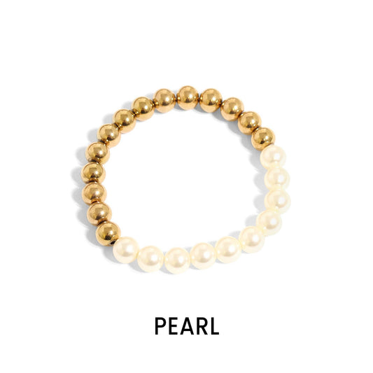 18K Gold PVD Stainless Steel Semi Precious Beaded Stretch Bracelets / SBB0355: Gold / Pearl