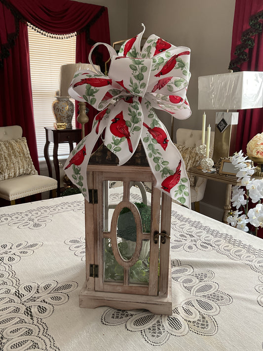 Weathered Lantern with Cardinal Bow