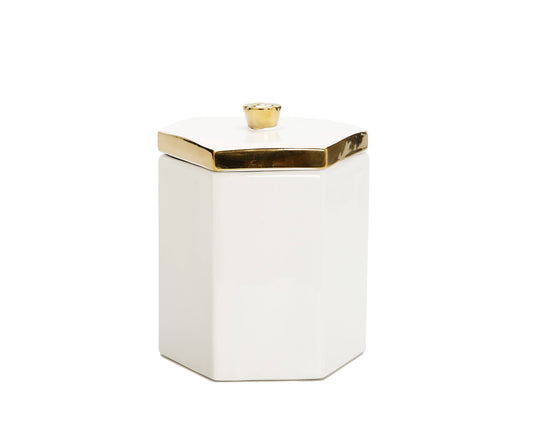 White Hexagon Shaped Box with Gold Flower Knob on Cover: Tall