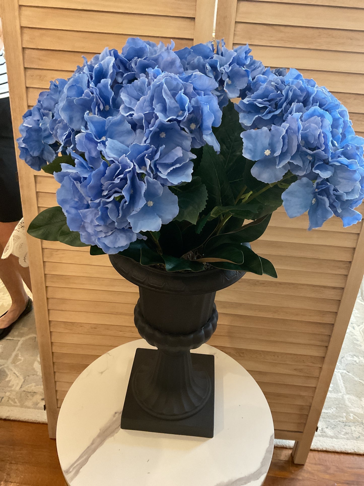 Blue Hydrangeas in Black Pot