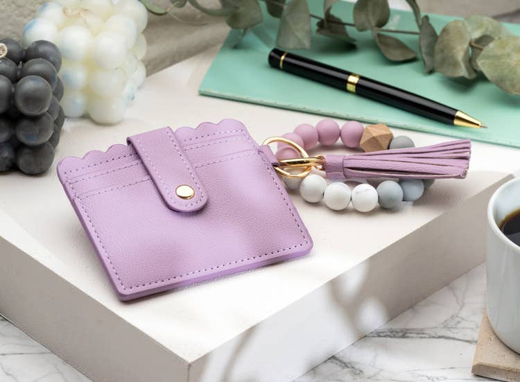 Leather Keychain Wallet With Wristlet Bangle Bracelet: Red