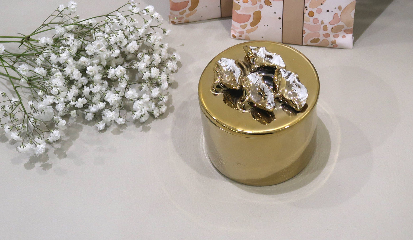 Round Gold Decorative Box With Flower Design Lid: Center Flower
