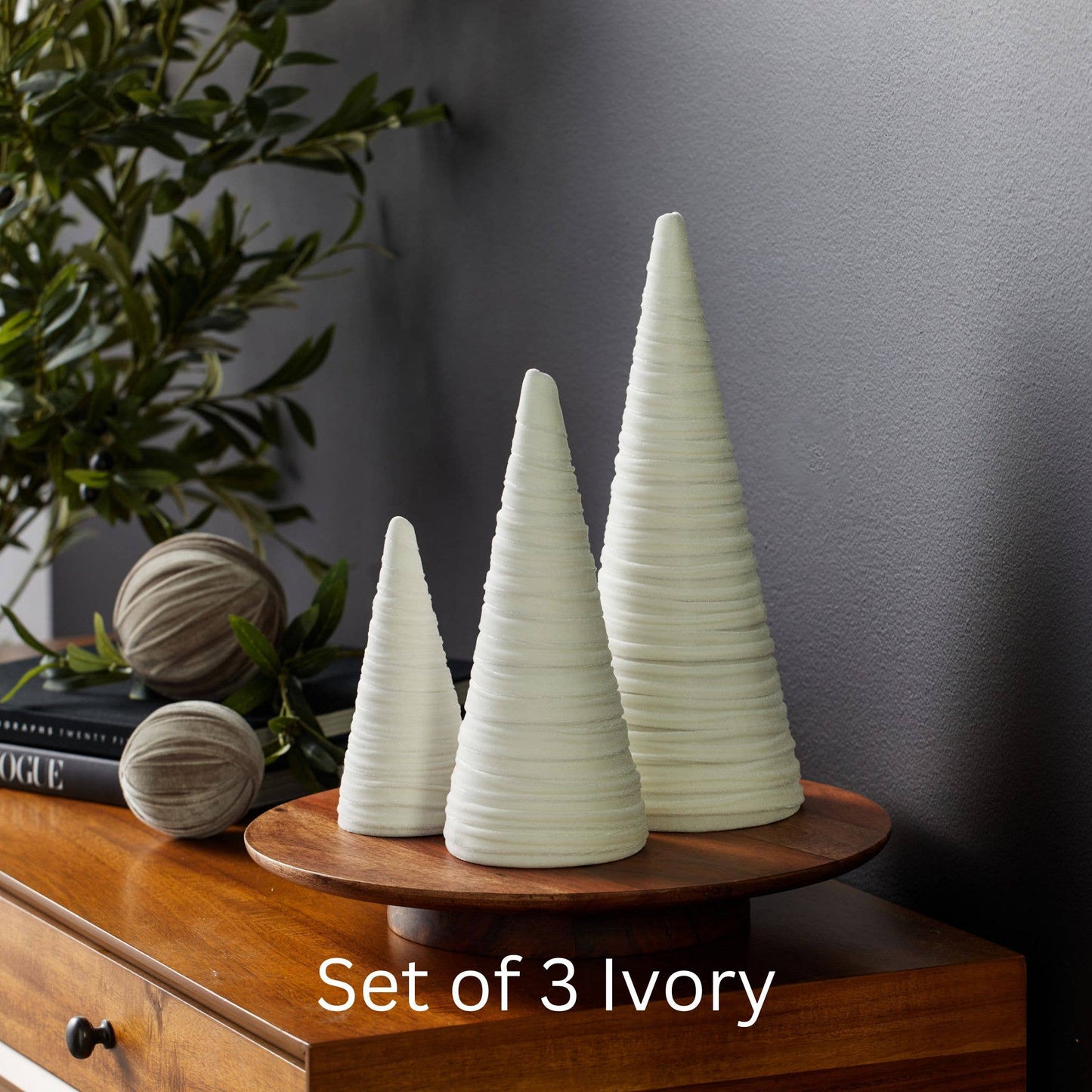 Cones Velvet Set of 3 Holiday Tabletop, Mantel Tree Decor: Gold