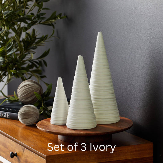 Cones Velvet Set of 3 Holiday Tabletop, Mantel Tree Decor: Light Ivory