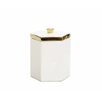 White Hexagon Shaped Box with Gold Flower Knob On Cover