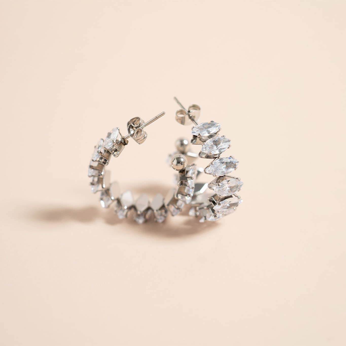 18K Gold PVD Stainless Steel Marquis CZ Stone Hoop Earrings: Stainless