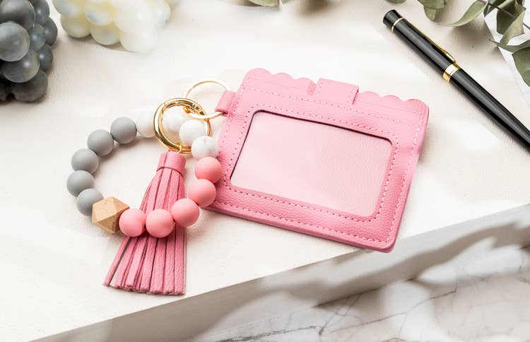 Leather Keychain Wallet With Wristlet Bangle Bracelet: Pink