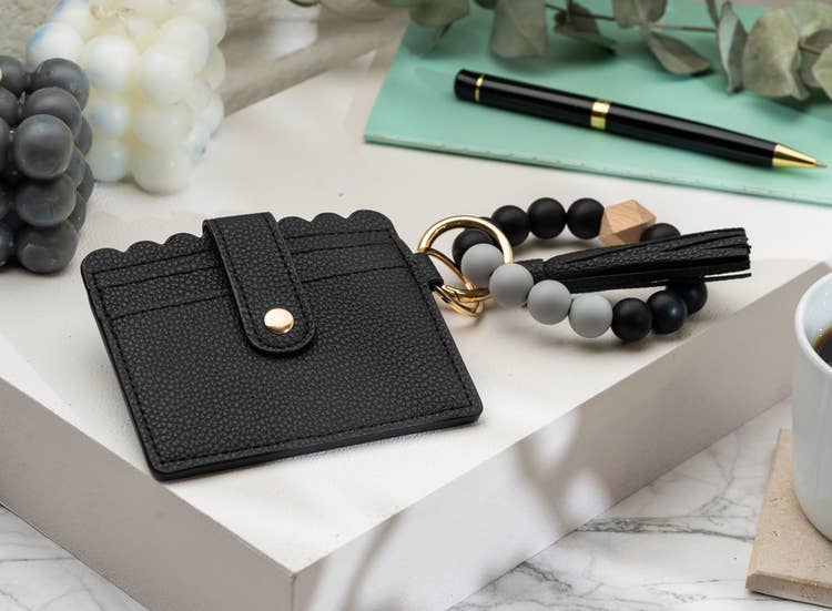 Leather Keychain Wallet With Wristlet Bangle Bracelet: Black