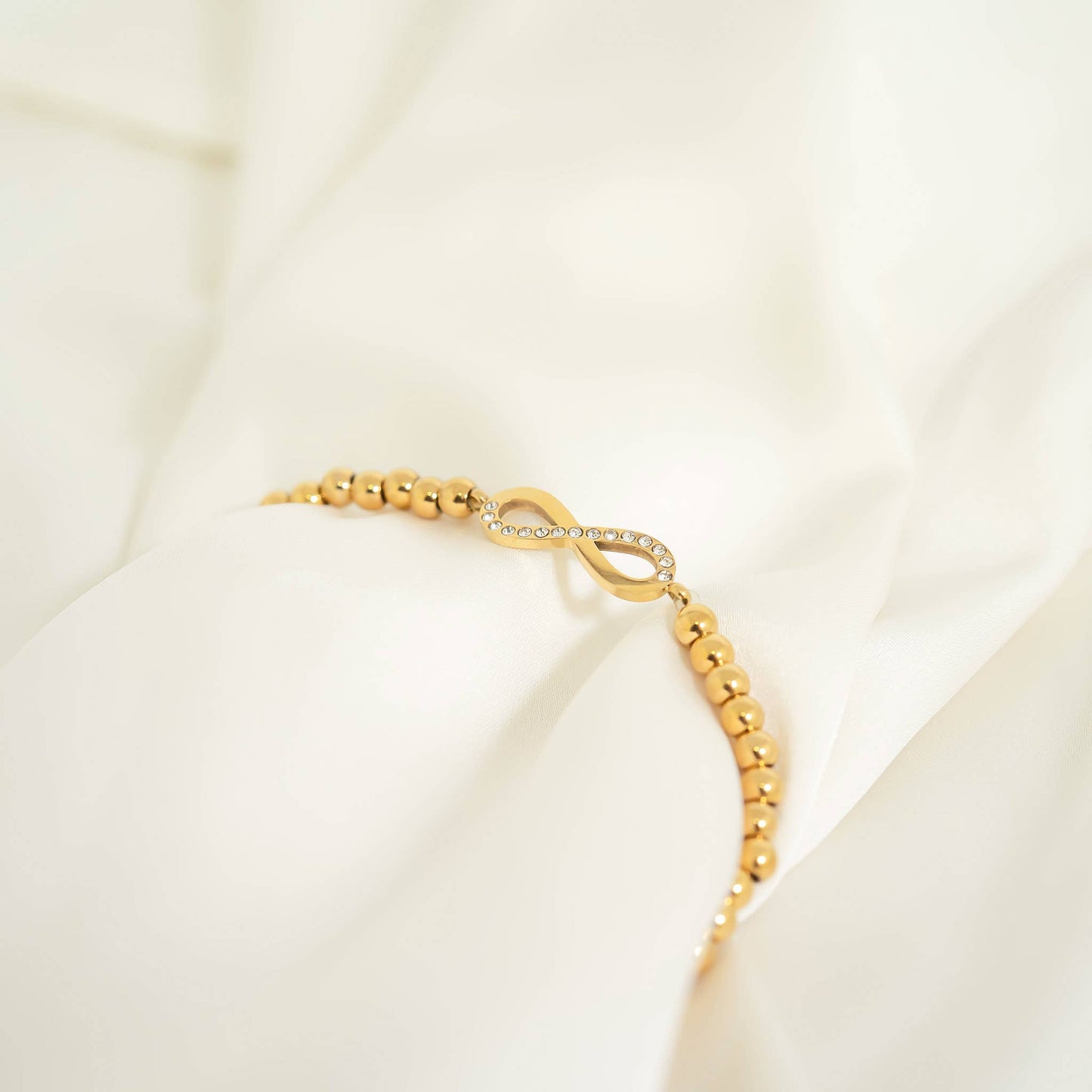 18K Gold PVD Stainless Steel Stone Infinity Sign Metal Beaded Stretch Bracelet: Gold