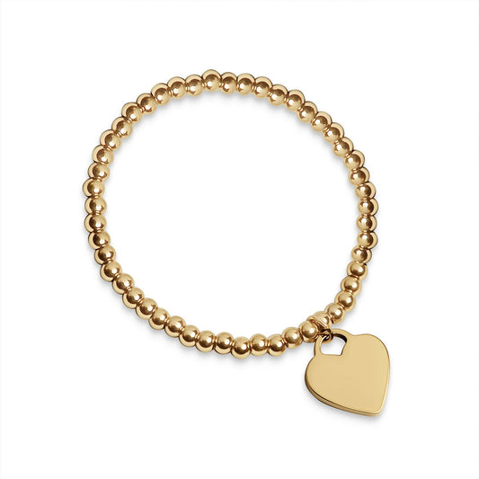 18K PVD Coated Stainless Steel Heart And Bead Stretch Bracelet: Gold